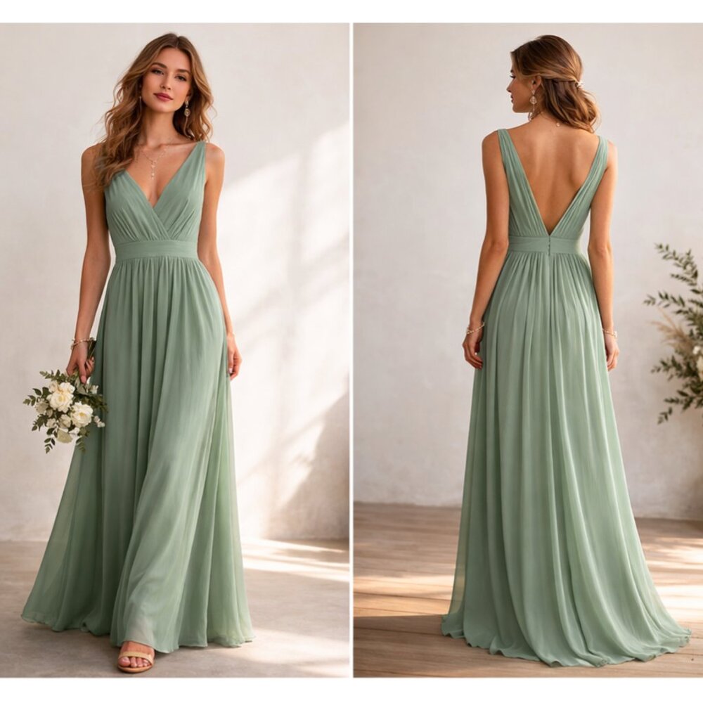 Symphony Sage Green Maxi Dress V-Neck Chiffon Gown